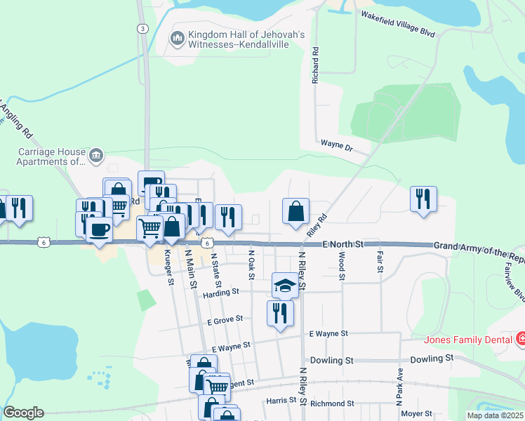 map of restaurants, bars, coffee shops, grocery stores, and more near 208 Center Avenue in Kendallville