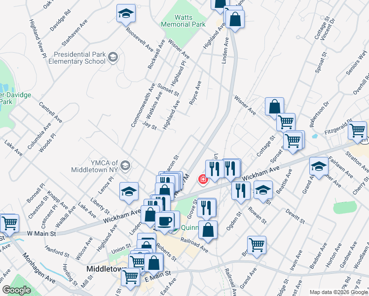 map of restaurants, bars, coffee shops, grocery stores, and more near 37 Beacon Street in Middletown