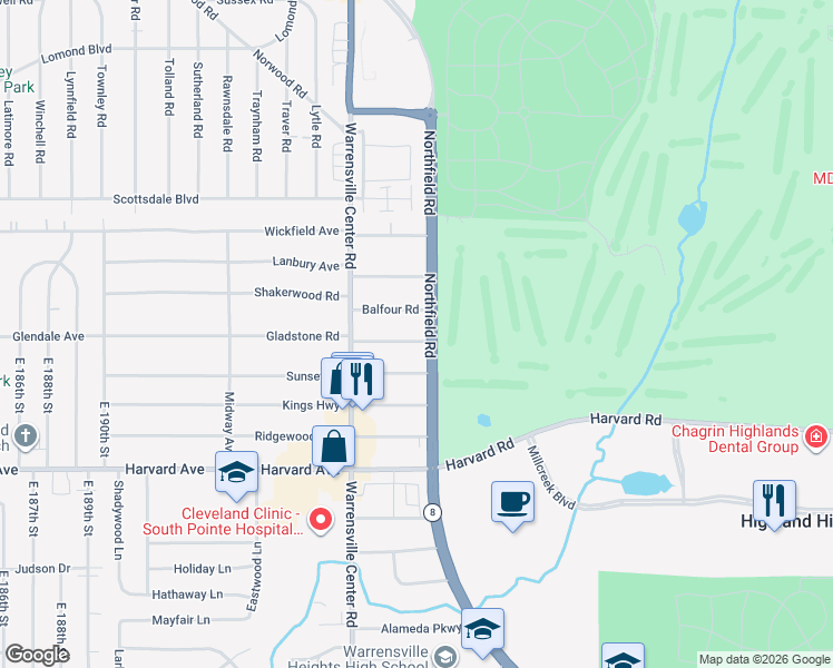 map of restaurants, bars, coffee shops, grocery stores, and more near 20703 Gladstone Road in Warrensville Heights