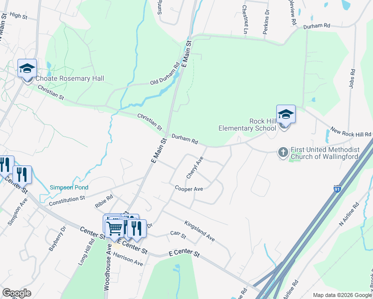 map of restaurants, bars, coffee shops, grocery stores, and more near 805 Durham Road in Wallingford