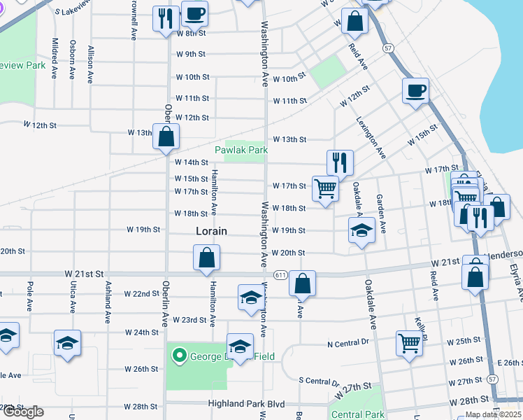 map of restaurants, bars, coffee shops, grocery stores, and more near 1746 Washington Avenue in Lorain