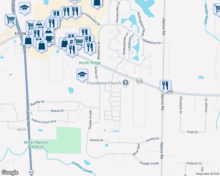 map of restaurants, bars, coffee shops, grocery stores, and more near 124 Shakespeare Lane in Avon