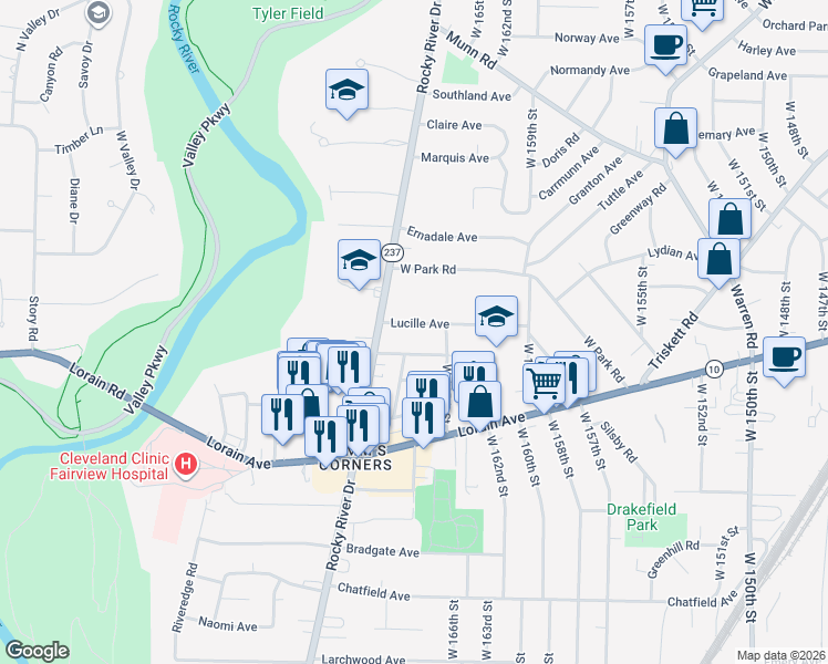 map of restaurants, bars, coffee shops, grocery stores, and more near 16805 Lucille Avenue in Cleveland