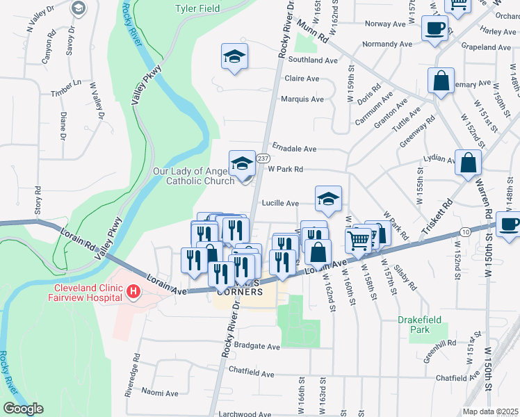map of restaurants, bars, coffee shops, grocery stores, and more near 3659 Rocky River Drive in Cleveland