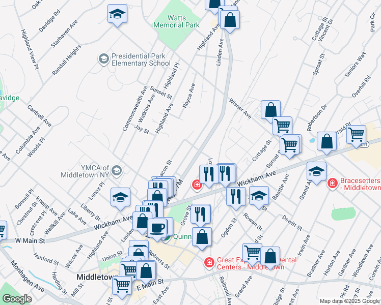 map of restaurants, bars, coffee shops, grocery stores, and more near 128 Linden Avenue in Middletown