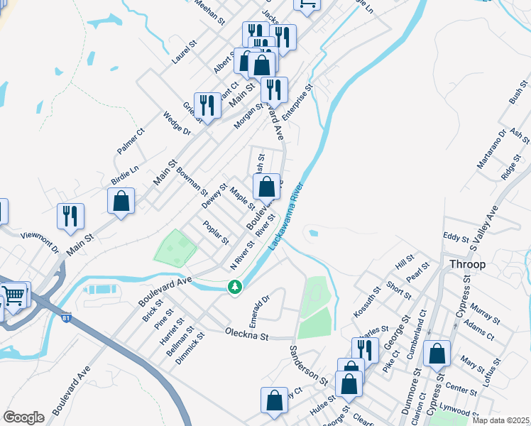 map of restaurants, bars, coffee shops, grocery stores, and more near 542 Boulevard Avenue in Dickson City