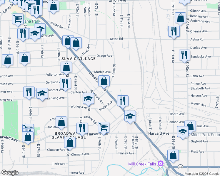 map of restaurants, bars, coffee shops, grocery stores, and more near 3844 East 78th Street in Cleveland