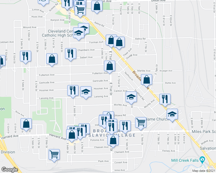 map of restaurants, bars, coffee shops, grocery stores, and more near 3836 East 71st Street in Cleveland