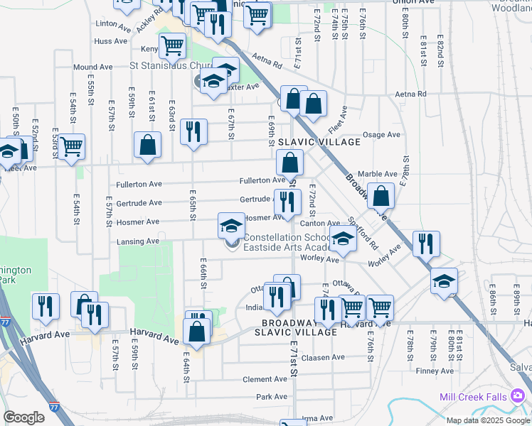 map of restaurants, bars, coffee shops, grocery stores, and more near 6916 Gertrude Avenue in Cleveland