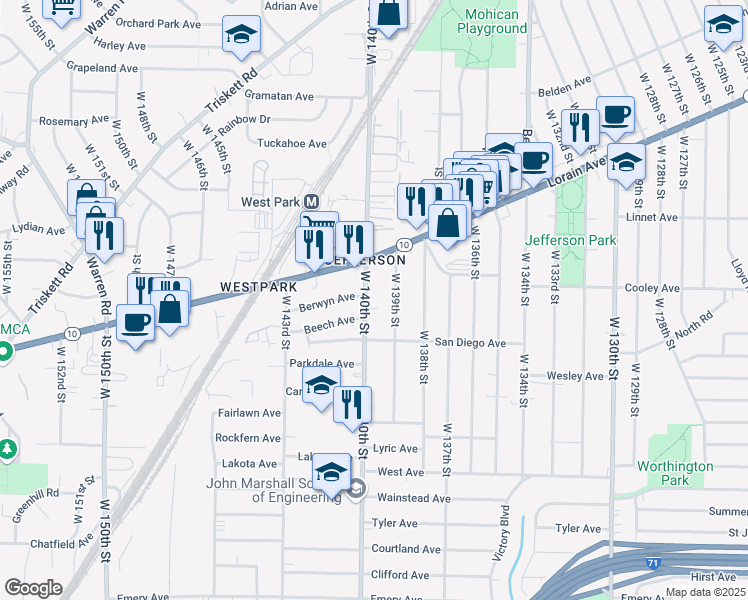 map of restaurants, bars, coffee shops, grocery stores, and more near 3658 West 140th Street in Cleveland