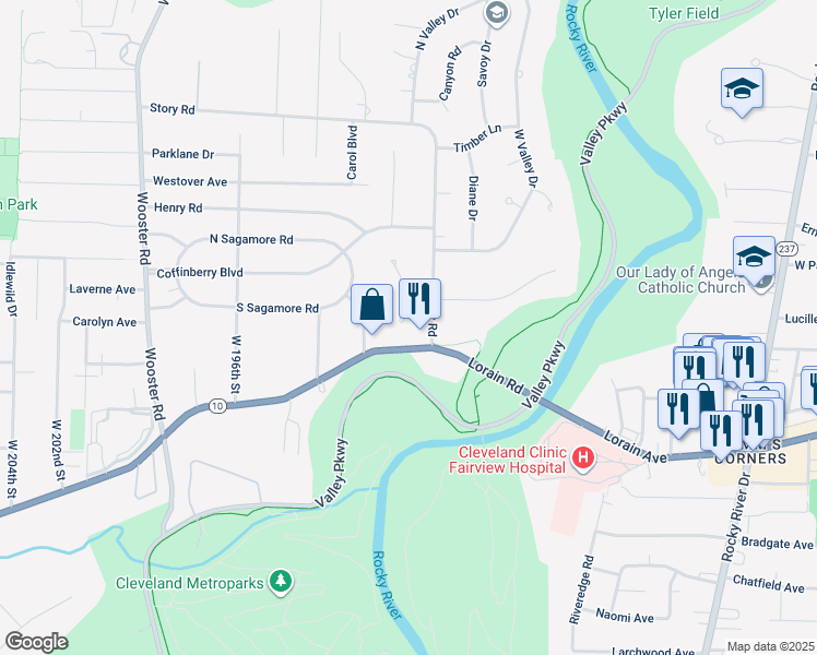 map of restaurants, bars, coffee shops, grocery stores, and more near 4316 Story Road in Fairview Park