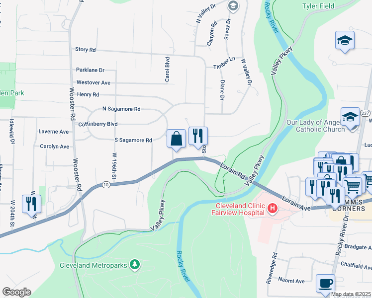 map of restaurants, bars, coffee shops, grocery stores, and more near 4306 Virginia Drive in Fairview Park