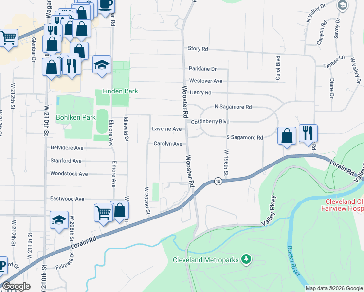 map of restaurants, bars, coffee shops, grocery stores, and more near 19982 Carolyn Avenue in Rocky River