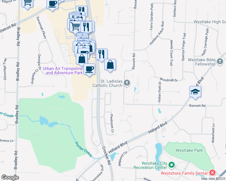 map of restaurants, bars, coffee shops, grocery stores, and more near 2345 Crocker Road in Westlake