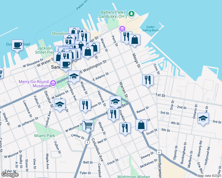 map of restaurants, bars, coffee shops, grocery stores, and more near 416 East Jefferson Street in Sandusky