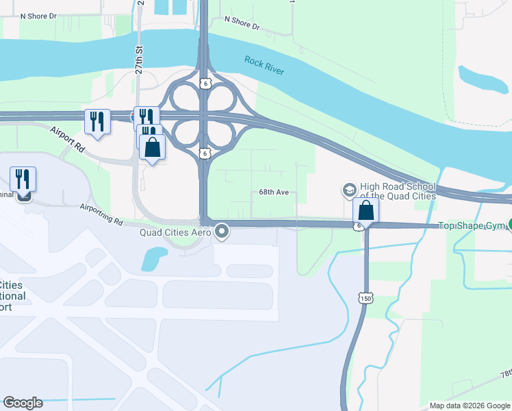 map of restaurants, bars, coffee shops, grocery stores, and more near 6802 33rd Street in Moline