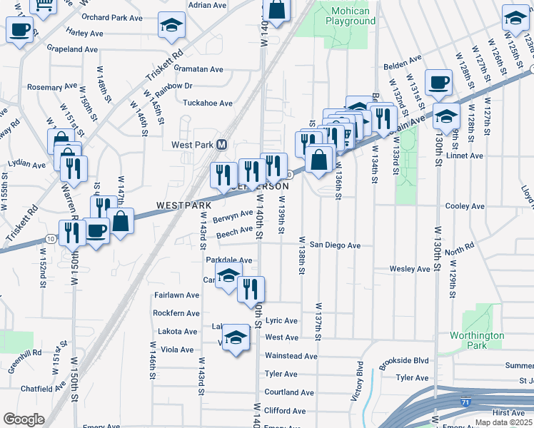 map of restaurants, bars, coffee shops, grocery stores, and more near 3658 West 140th Street in Cleveland