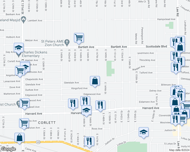 map of restaurants, bars, coffee shops, grocery stores, and more near 3878 East 147th Street in Cleveland