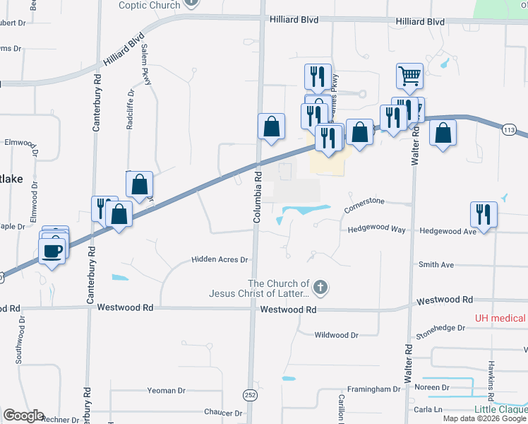 map of restaurants, bars, coffee shops, grocery stores, and more near 2335 Columbia Road in Westlake