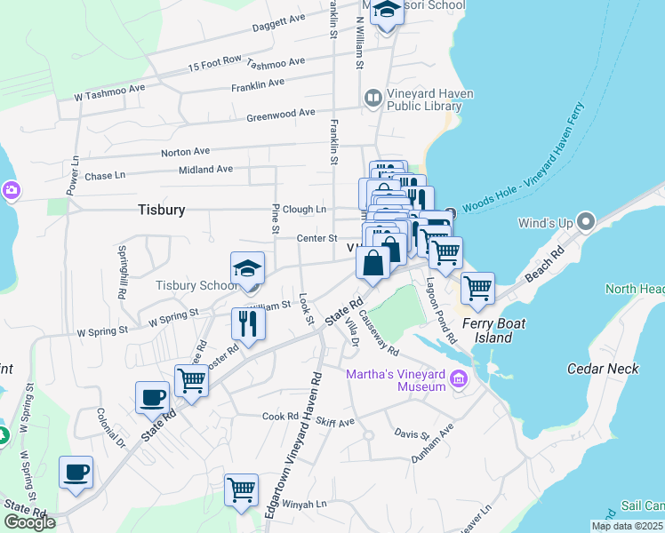 map of restaurants, bars, coffee shops, grocery stores, and more near 85 Spring Street in Tisbury