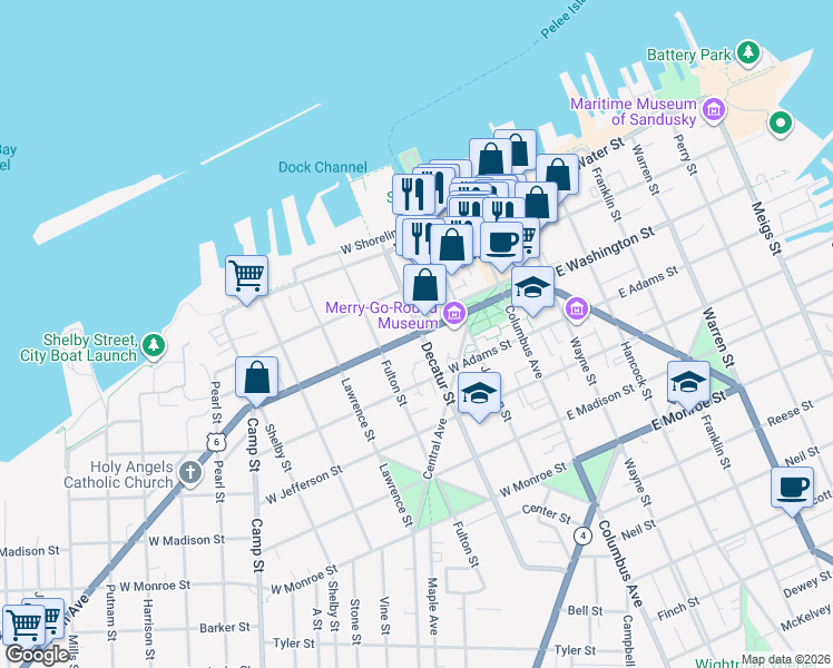 map of restaurants, bars, coffee shops, grocery stores, and more near 515 West Washington Street in Sandusky