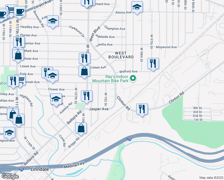 map of restaurants, bars, coffee shops, grocery stores, and more near 3611 West 102 Street in Cleveland