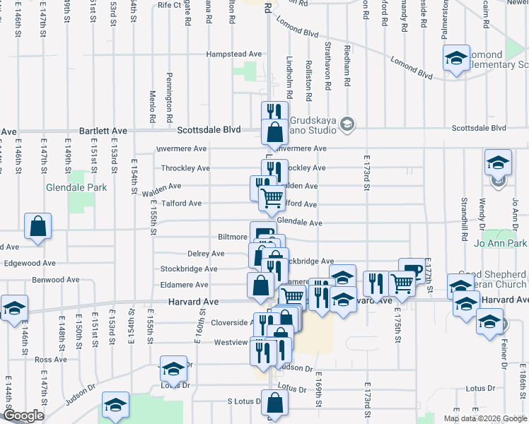 map of restaurants, bars, coffee shops, grocery stores, and more near 3870 Lee Road in Cleveland