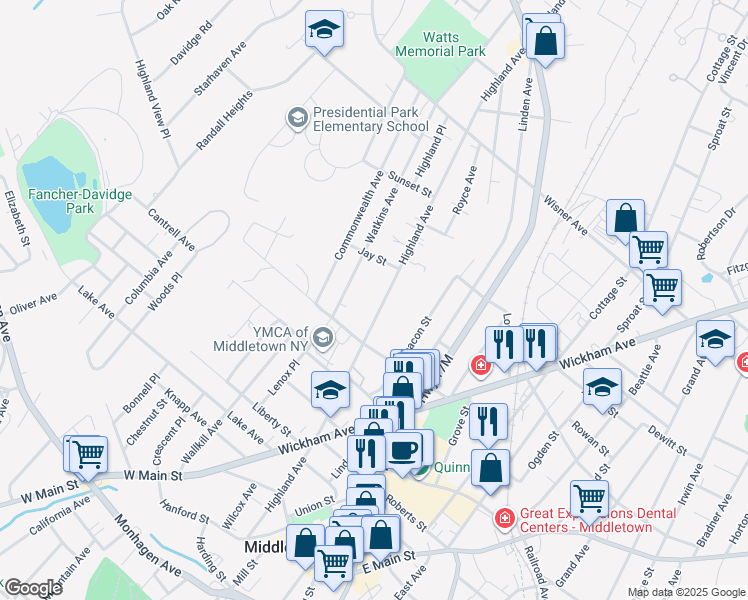 map of restaurants, bars, coffee shops, grocery stores, and more near 119 Highland Avenue in Middletown