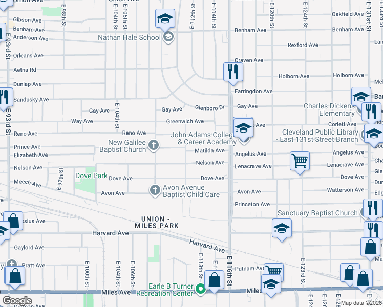 map of restaurants, bars, coffee shops, grocery stores, and more near 11209 Matilda Avenue in Cleveland