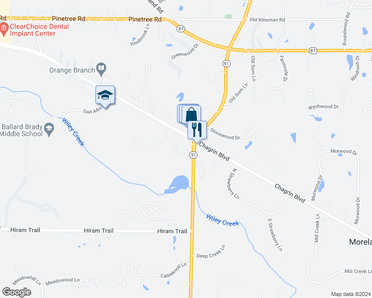 map of restaurants, bars, coffee shops, grocery stores, and more near 34112 Chagrin Boulevard in Moreland Hills