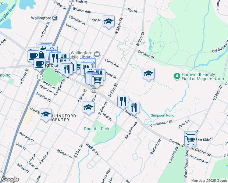 map of restaurants, bars, coffee shops, grocery stores, and more near 35 North Elm Street in Wallingford