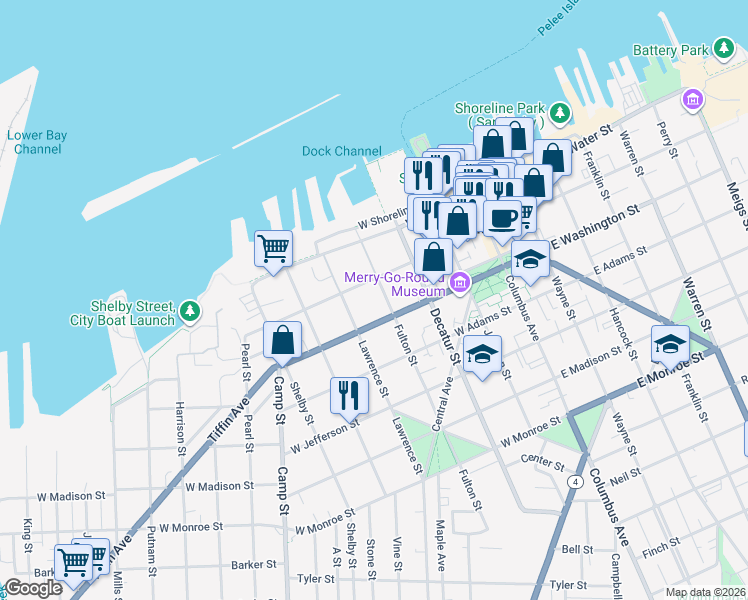 map of restaurants, bars, coffee shops, grocery stores, and more near 215 Fulton Street in Sandusky