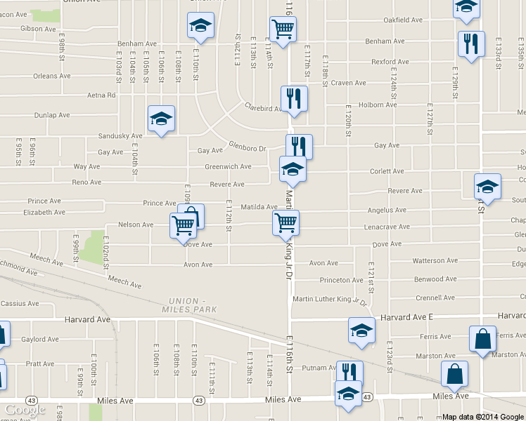 map of restaurants, bars, coffee shops, grocery stores, and more near 11408 Matilda Ave in Cleveland