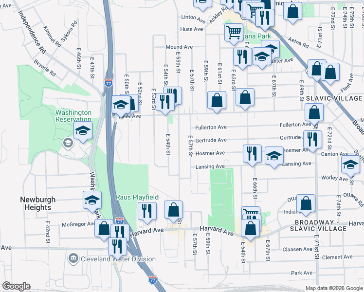 map of restaurants, bars, coffee shops, grocery stores, and more near 3827 East 55th Street in Cleveland