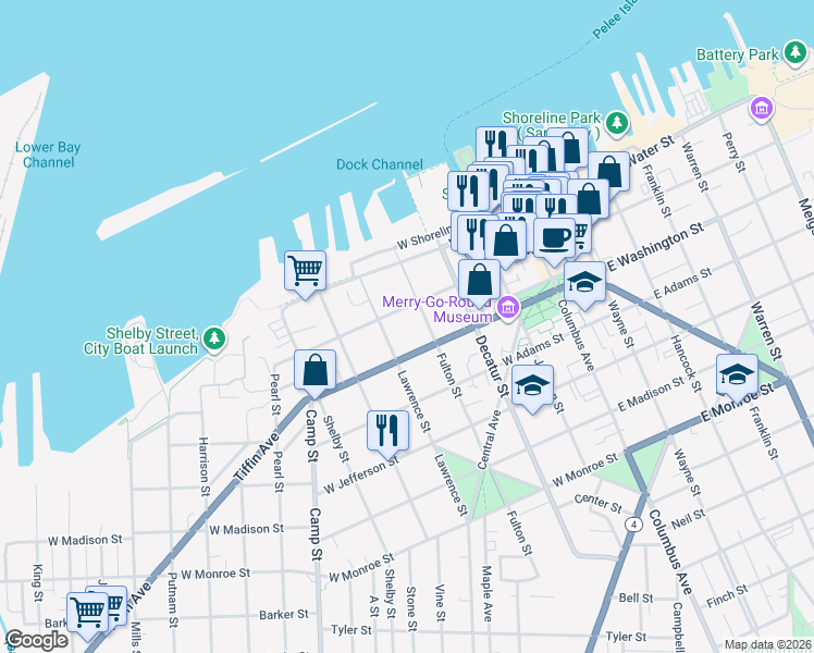 map of restaurants, bars, coffee shops, grocery stores, and more near 215 Fulton Street in Sandusky
