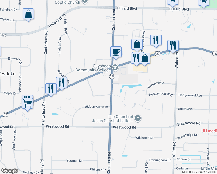 map of restaurants, bars, coffee shops, grocery stores, and more near 2336 Columbia Road in Westlake