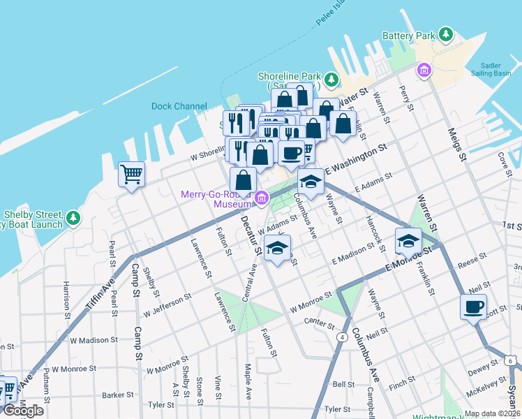 map of restaurants, bars, coffee shops, grocery stores, and more near 301 East Washington Street in Sandusky