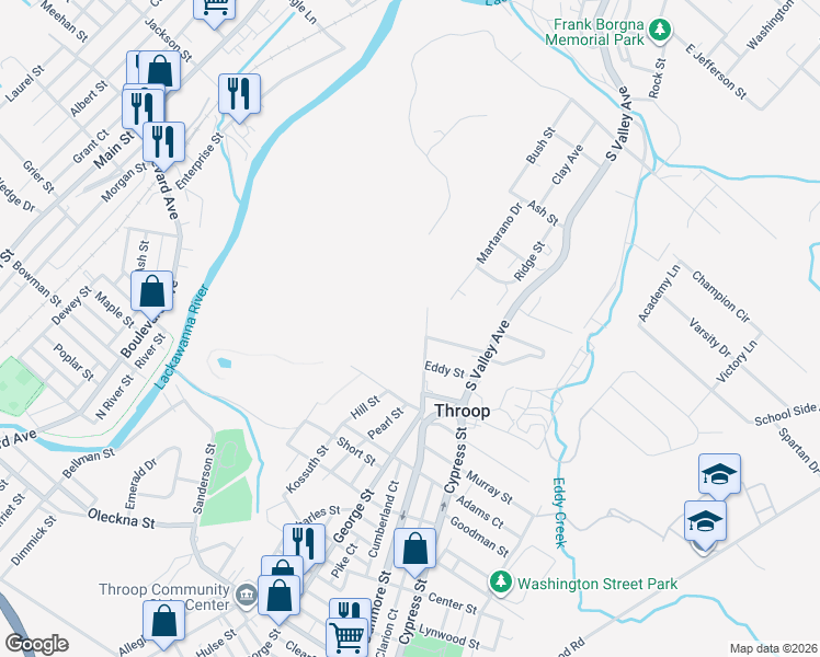 map of restaurants, bars, coffee shops, grocery stores, and more near 1001 Franko Street in Throop