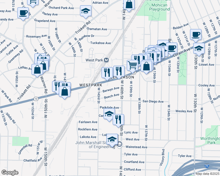 map of restaurants, bars, coffee shops, grocery stores, and more near 14132 Berwyn Avenue in Cleveland
