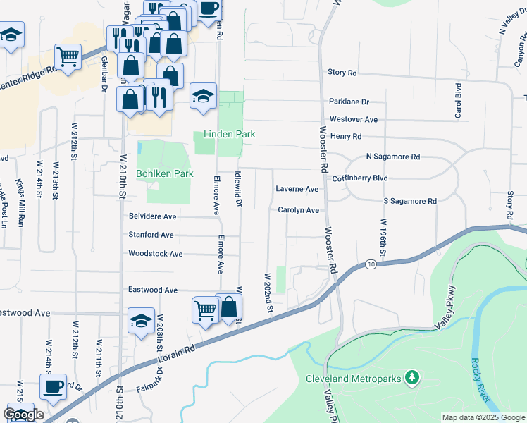 map of restaurants, bars, coffee shops, grocery stores, and more near 4216 West 202nd Street in Fairview Park