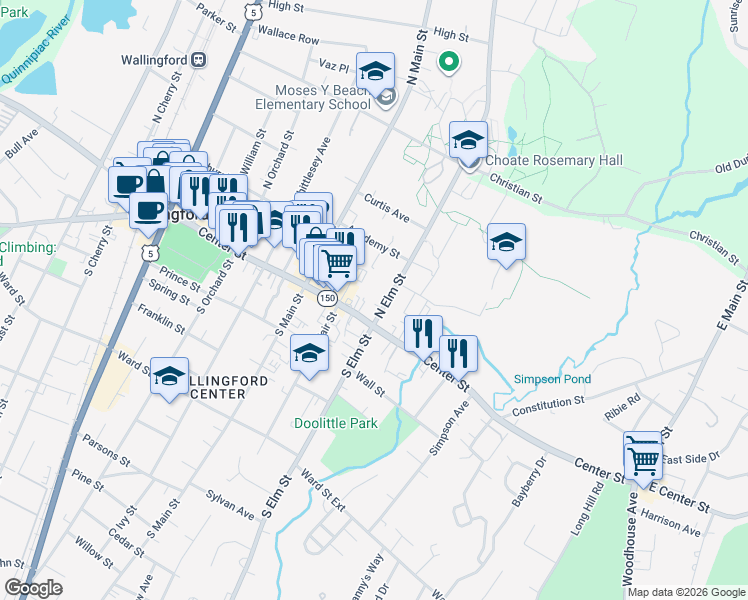 map of restaurants, bars, coffee shops, grocery stores, and more near 398 Center Street in Wallingford