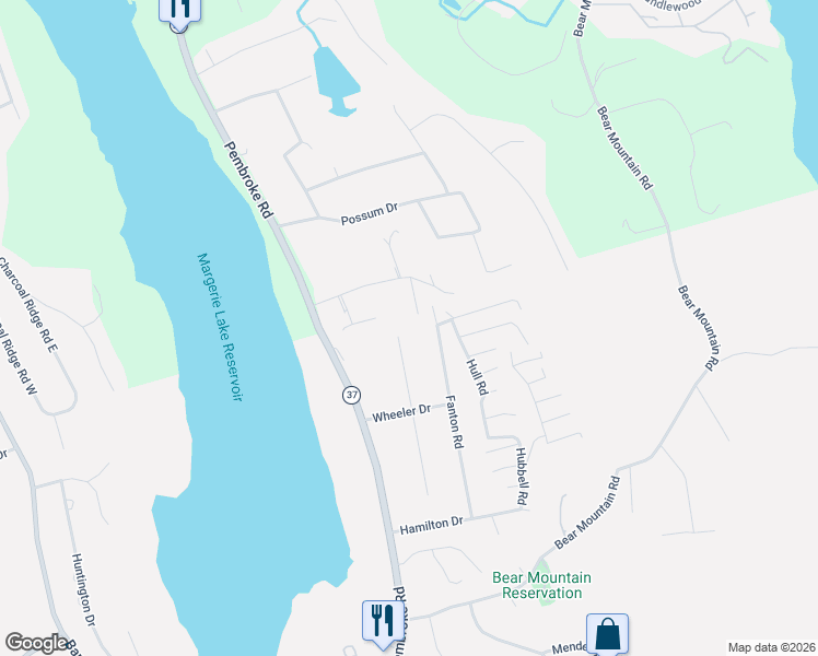 map of restaurants, bars, coffee shops, grocery stores, and more near 36 Fanton Road in Danbury