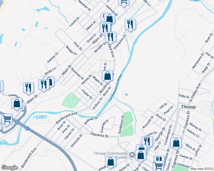 map of restaurants, bars, coffee shops, grocery stores, and more near 542 Boulevard Avenue in Dickson City