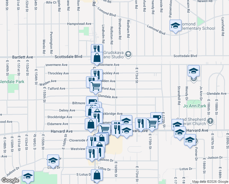 map of restaurants, bars, coffee shops, grocery stores, and more near 16808 Talford Avenue in Cleveland