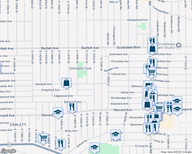 map of restaurants, bars, coffee shops, grocery stores, and more near 3876 East 153rd Street in Cleveland