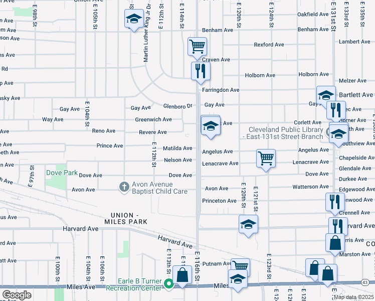 map of restaurants, bars, coffee shops, grocery stores, and more near 3850 East 116th Street in Cleveland