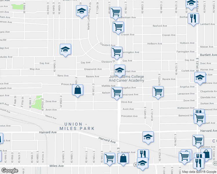 map of restaurants, bars, coffee shops, grocery stores, and more near 11408 Matilda Avenue in Cleveland