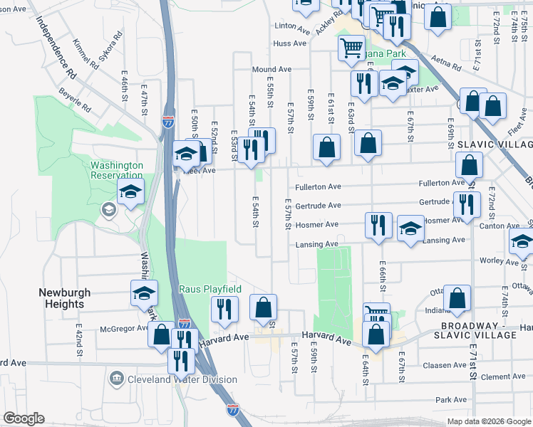 map of restaurants, bars, coffee shops, grocery stores, and more near 3826 East 55th Street in Cleveland