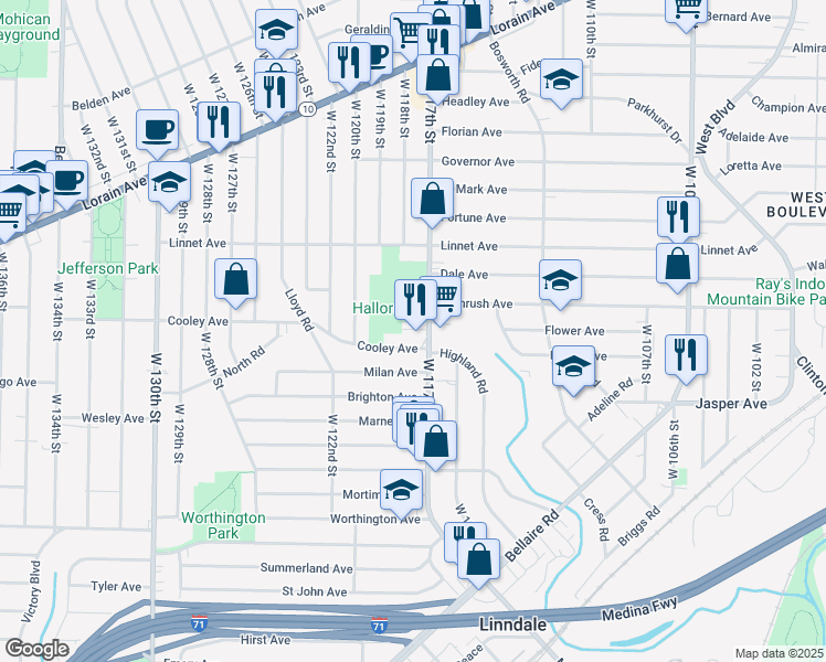 map of restaurants, bars, coffee shops, grocery stores, and more near 3638 West 117th Street in Cleveland