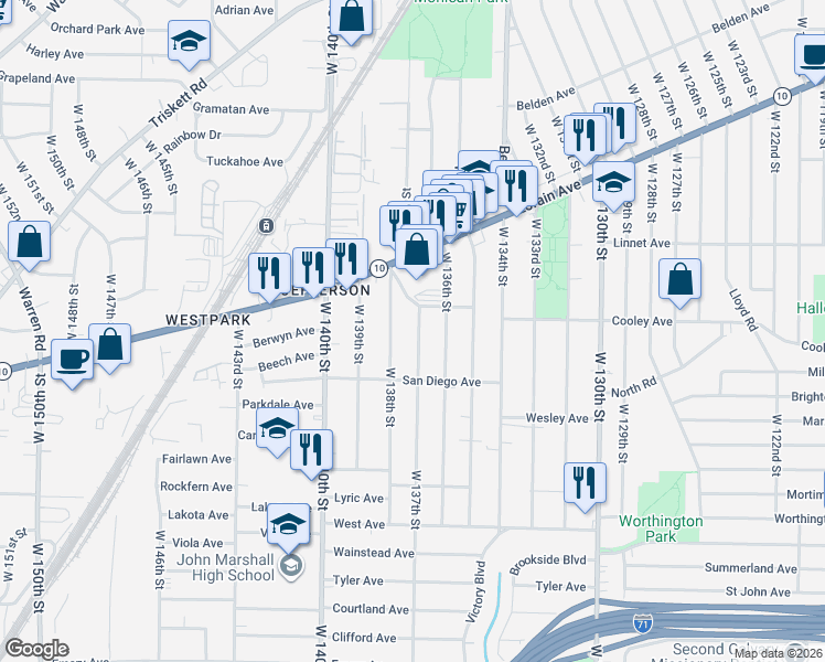 map of restaurants, bars, coffee shops, grocery stores, and more near 3661 West 138th Street in Cleveland